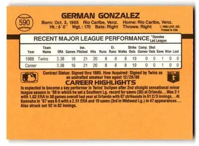 1989 Donruss #590 German Gonzalez - Baseball Card Single