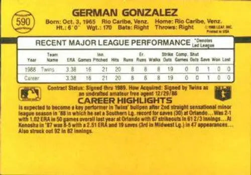 1989 Donruss #590a German Gonzalez NM Near Mint RC Rookie Twins ID:81467 - Baseball Card Single