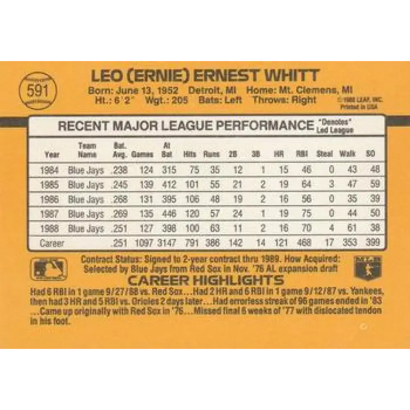 1989 Donruss #591 Ernie Whitt DP NM-MT Toronto Blue Jays Baseball Card - Baseball Card Single
