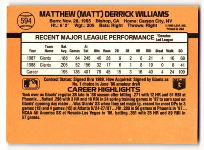 1989 Donruss #594 Matt Williams San Francisco Giants Baseball Cards ID:64470