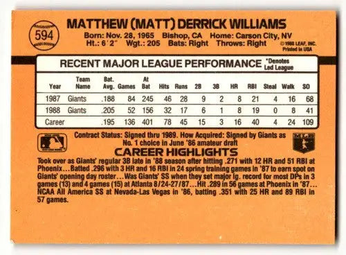 1989 Donruss #594 Matt Williams San Francisco Giants Baseball Cards ID:64470 - Baseball Card Single
