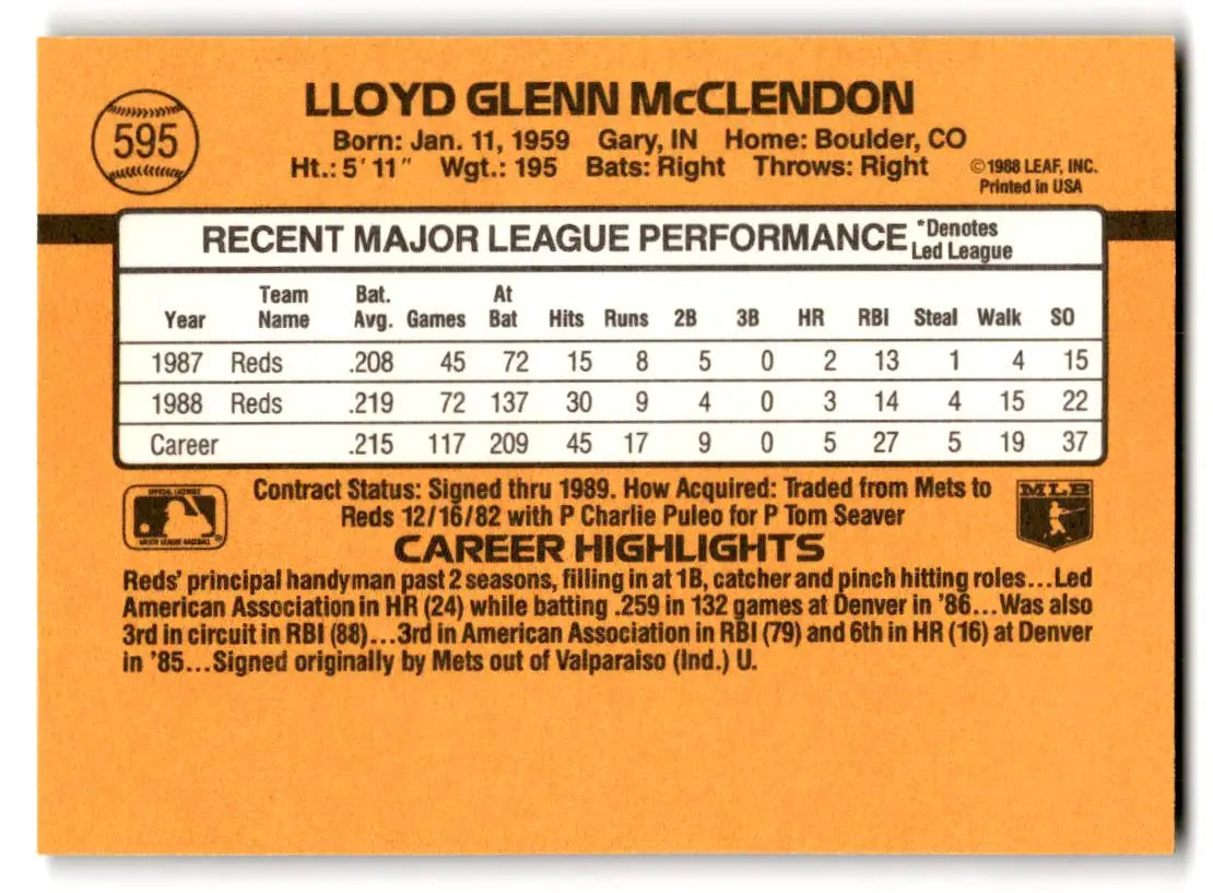 1989 Donruss #595a Lloyd McClendon - Baseball Card Single