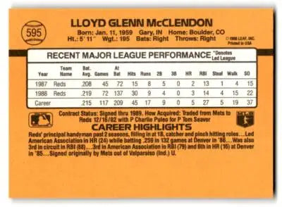 Back of 1989 Donruss Lloyd McClendon card showing player stats and career highlights