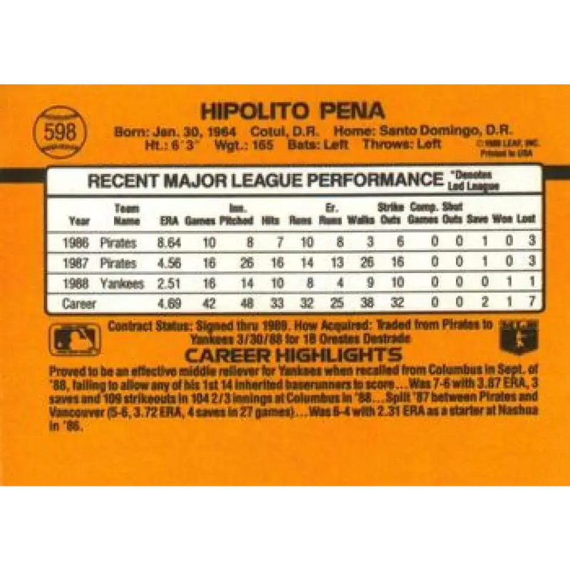 1989 Donruss #598 Hipolito Pena DP NM-MT New York Yankees Baseball Card - Baseball Card Single