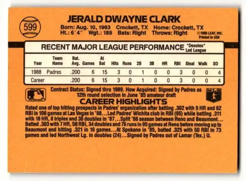 1989 Donruss #599 Jerald Clark San Diego Padres Baseball Cards EX Ex ID:56238 - Baseball Card Single