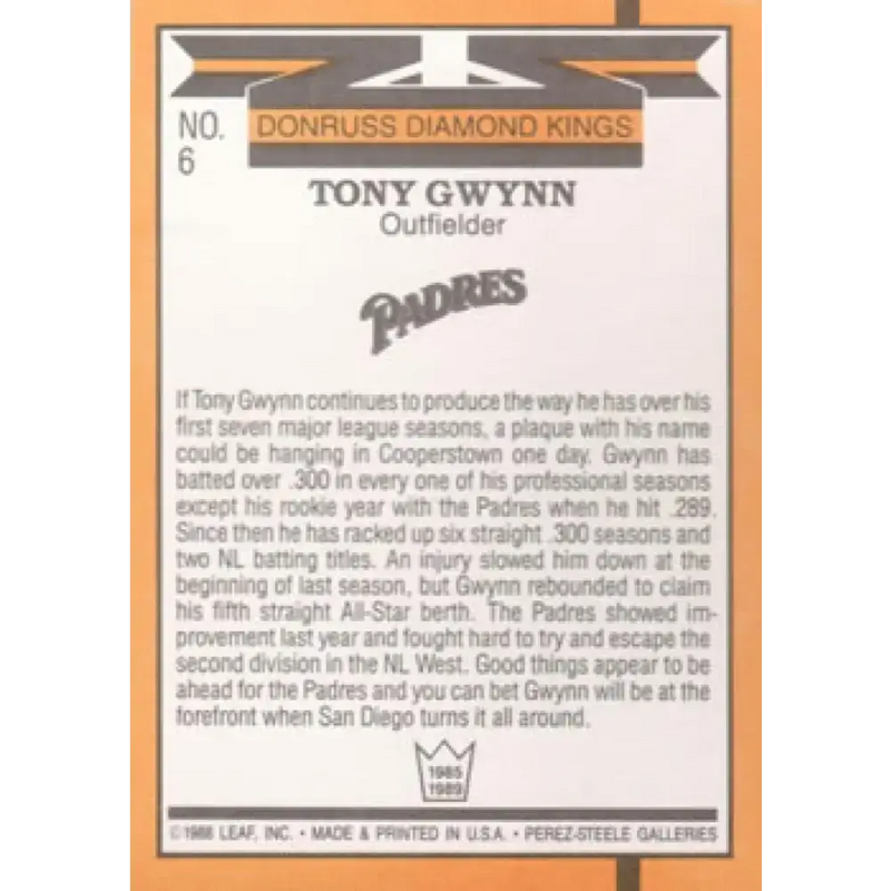 1989 Donruss #6 Tony Gwynn DK DP NM-MT San Diego Padres Baseball Card - Baseball Card Single