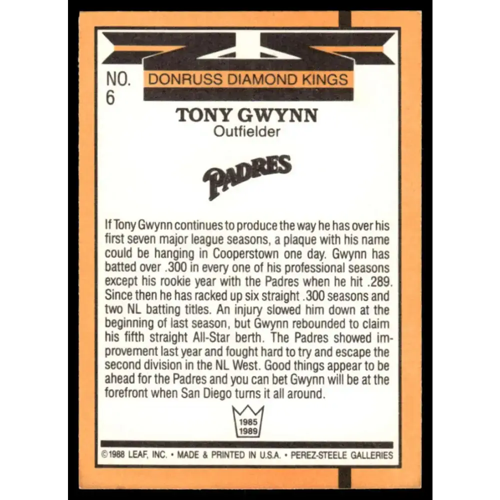 1989 Donruss #6 Tony Gwynn NM/MT San Diego Padres Baseball Card - Baseball Card Single