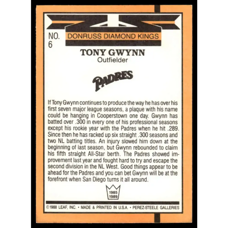 1989 Donruss #6 Tony Gwynn NM/MT San Diego Padres Baseball Card - Baseball Card Single