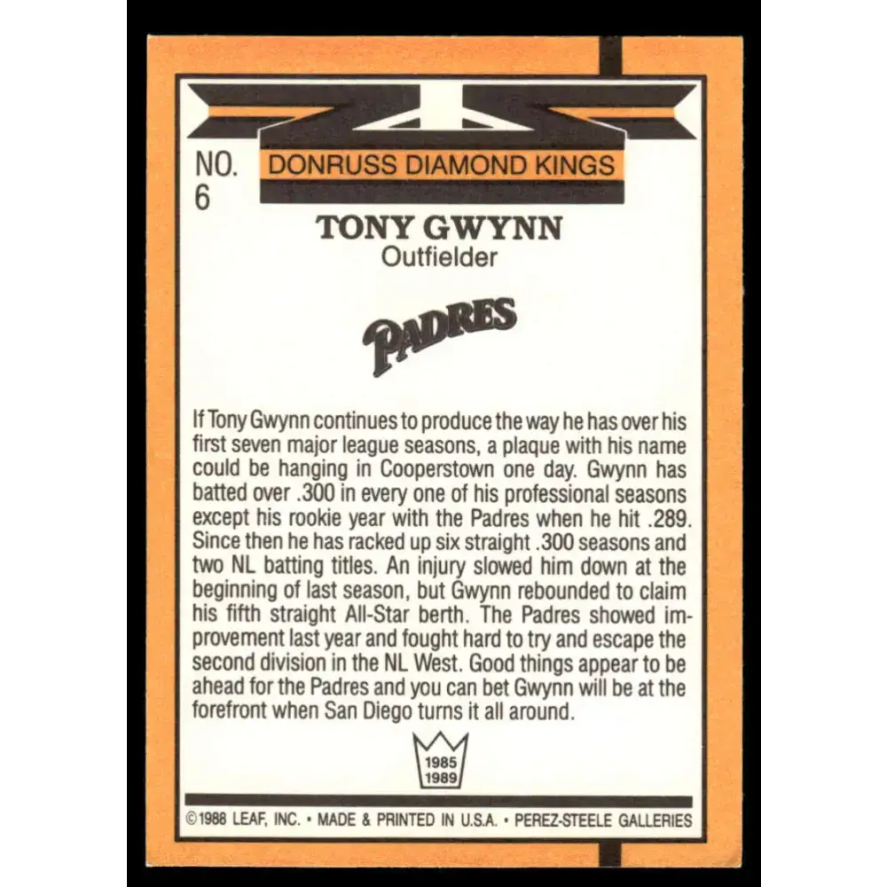 1989 Donruss #6 Tony Gwynn NM/MT San Diego Padres Baseball Card - Baseball Card Single