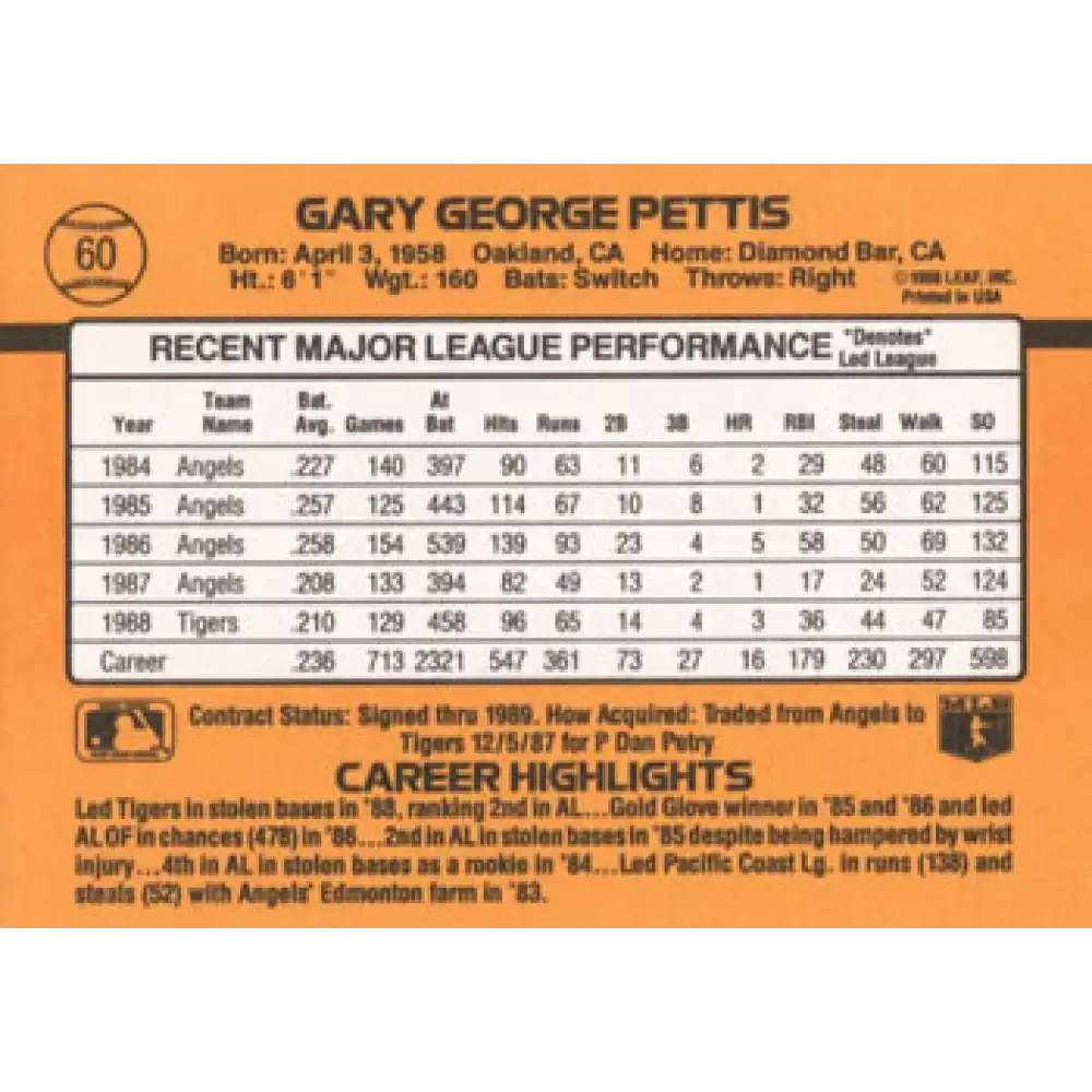 1989 Donruss #60 Gary Pettis NM-MT Detroit Tigers Baseball Card - Baseball Card Single