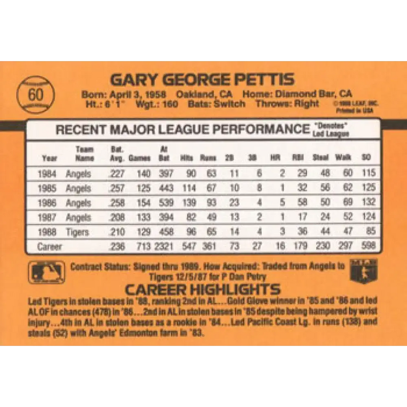 1989 Donruss #60 Gary Pettis NM-MT Detroit Tigers Baseball Card - Baseball Card Single