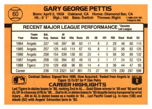 Back of 1989 Donruss Gary Pettis baseball card with original gloss and ID 44505