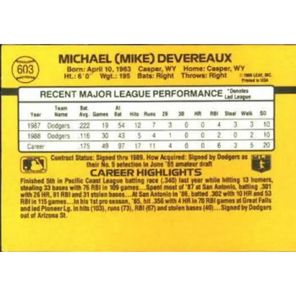 1989 Donruss #603 Mike Devereaux NM-MT Los Angeles Dodgers Baseball Card