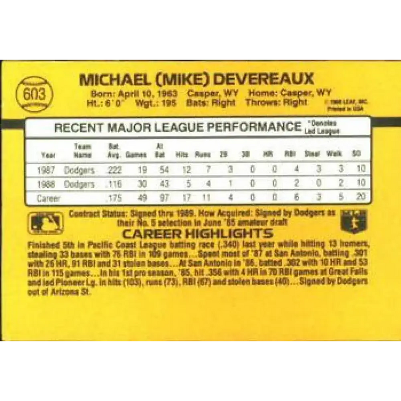 1989 Donruss #603 Mike Devereaux NM-MT Los Angeles Dodgers Baseball Card - Baseball Card Single