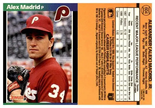 Original gloss Alex Madrid baseball card from 1989 Donruss #604 featuring Simply Sandoval