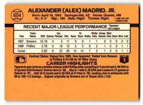 1989 Donruss #604 Alex Madrid Philadelphia Phillies Baseball Cards E ID:56241