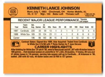 Back of a 1989 Donruss Lance Johnson baseball card with player statistics featuring 606a Lance