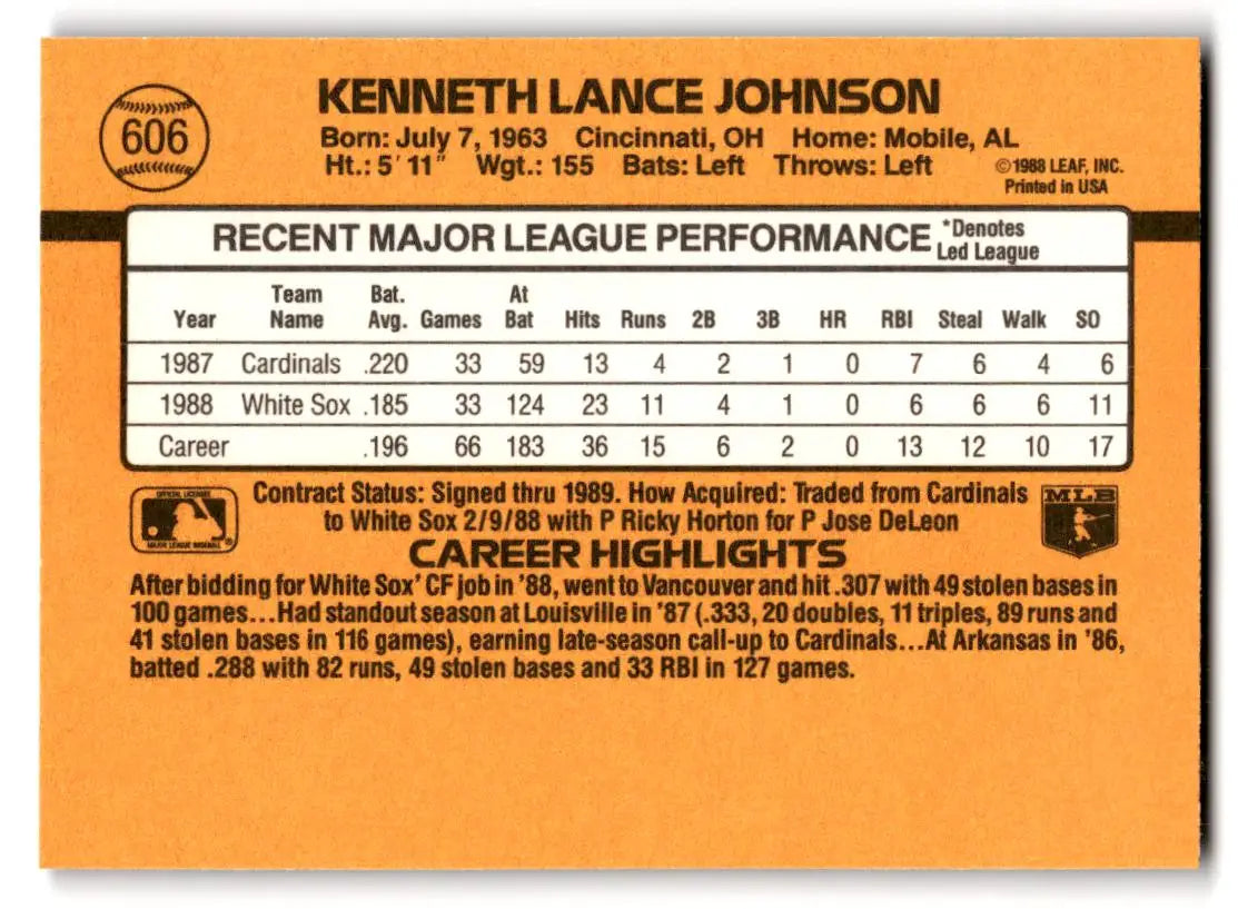 1989 Donruss #606a Lance Johnson - Baseball Card Single