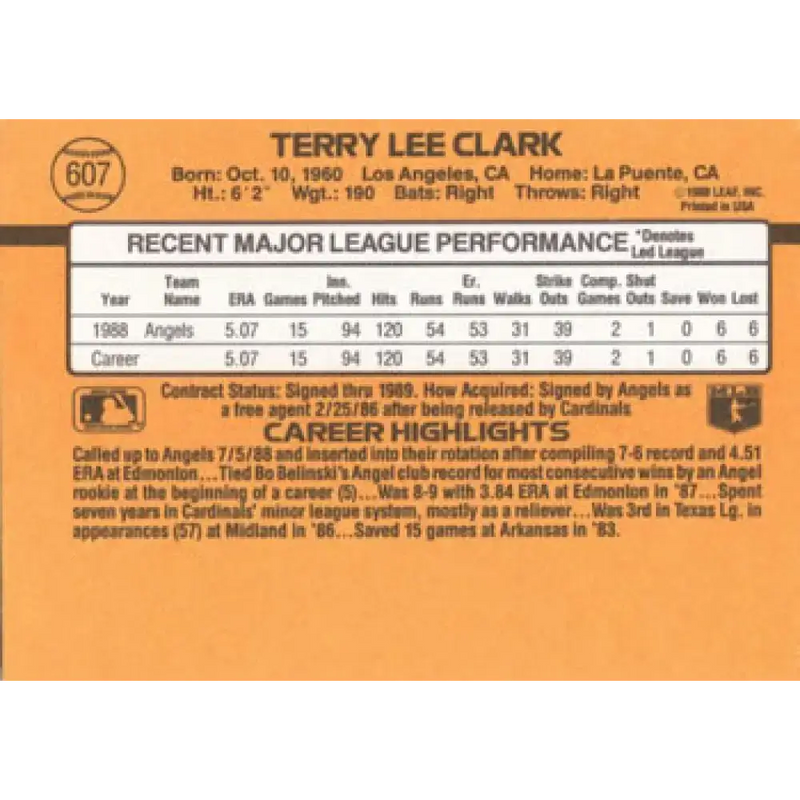 1989 Donruss #607 Terry Clark DP NM-MT RC Rookie California Angels Baseball Card - Baseball Card Single