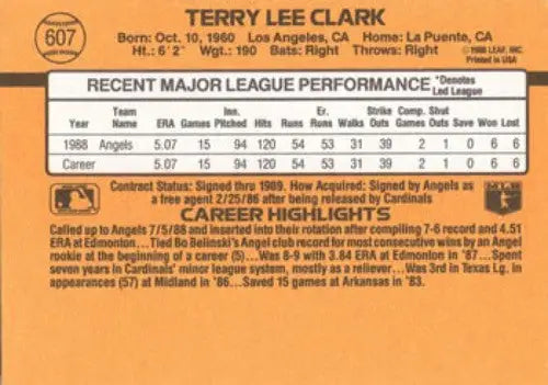 1989 Donruss #607 Terry Clark NM Near Mint RC Rookie Angels DP ID:81468 - Baseball Card Single