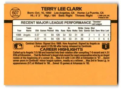Back of a baseball trading card featuring 607b Terry Clark from 1989 Donruss