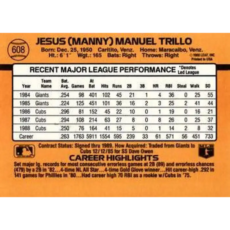 1989 Donruss #608 Manny Trillo DP NM-MT Chicago Cubs Baseball Card - Baseball Card Single