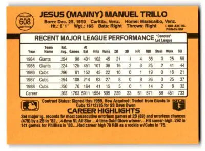 Baseball card featuring Manny Trillo with player statistics from 1989 Donruss #608b