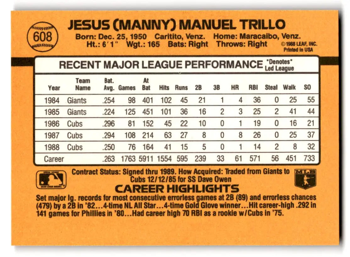 1989 Donruss #608b Manny Trillo - Baseball Card Single