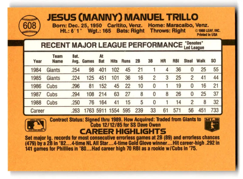 1989 Donruss #608b Manny Trillo - Baseball Card Single