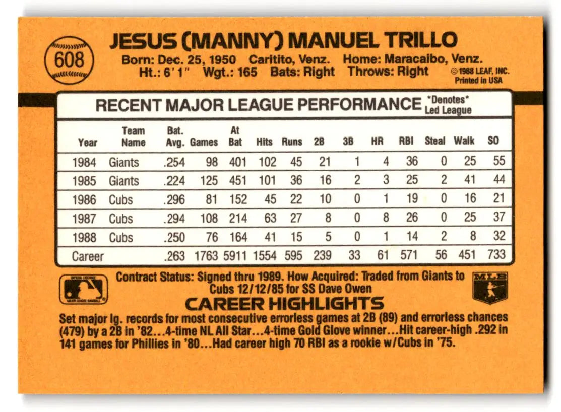 1989 Donruss #608d Manny Trillo - Baseball Card Single
