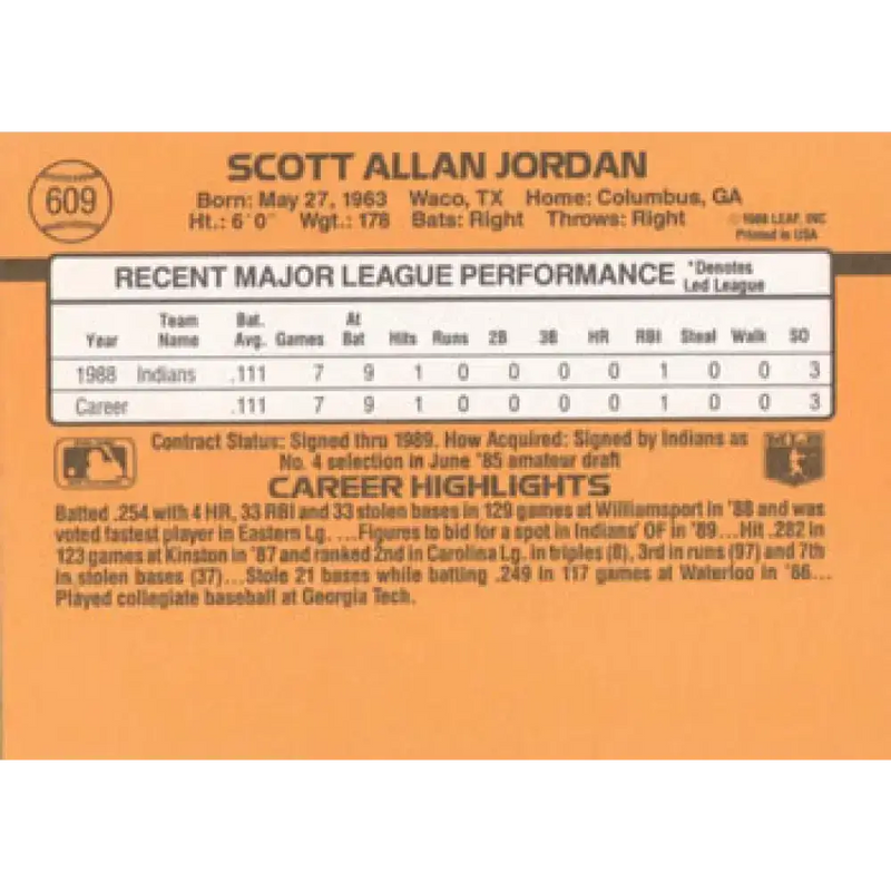 1989 Donruss #609 Scott Jordan NM-MT RC Rookie Cleveland Indians Baseball Card - Baseball Card Single