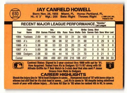 1989 Donruss #610 Jay Howell Los Angeles Dodgers Baseball Cards EX E ID:56245
