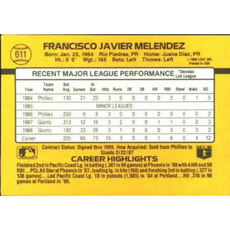 1989 Donruss #611 Francisco Melendez NM-MT RC Rookie San Francisco Giants Baseball Card - Baseball Card Single