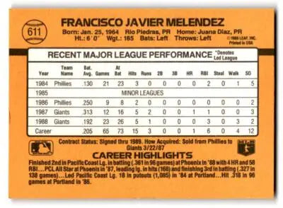 Baseball card featuring Francisco Melendez with player statistics, 1989 Donruss #611a