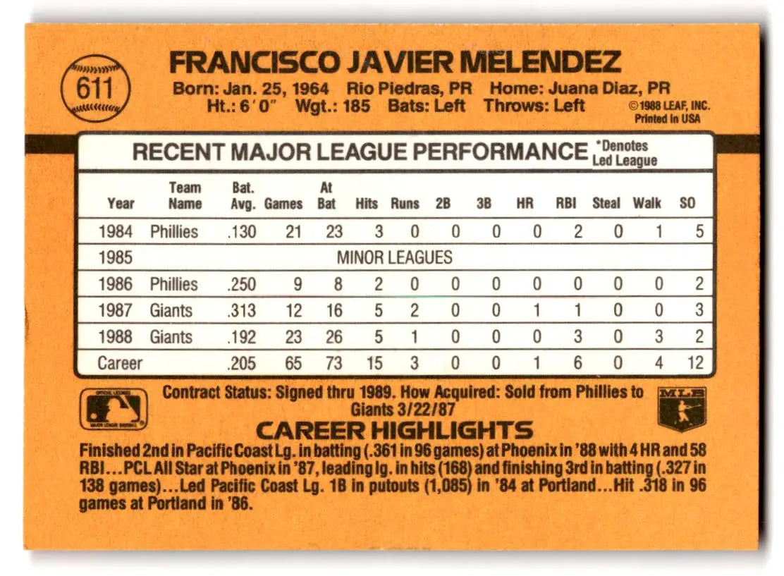 1989 Donruss #611a Francisco Melendez - Baseball Card Single