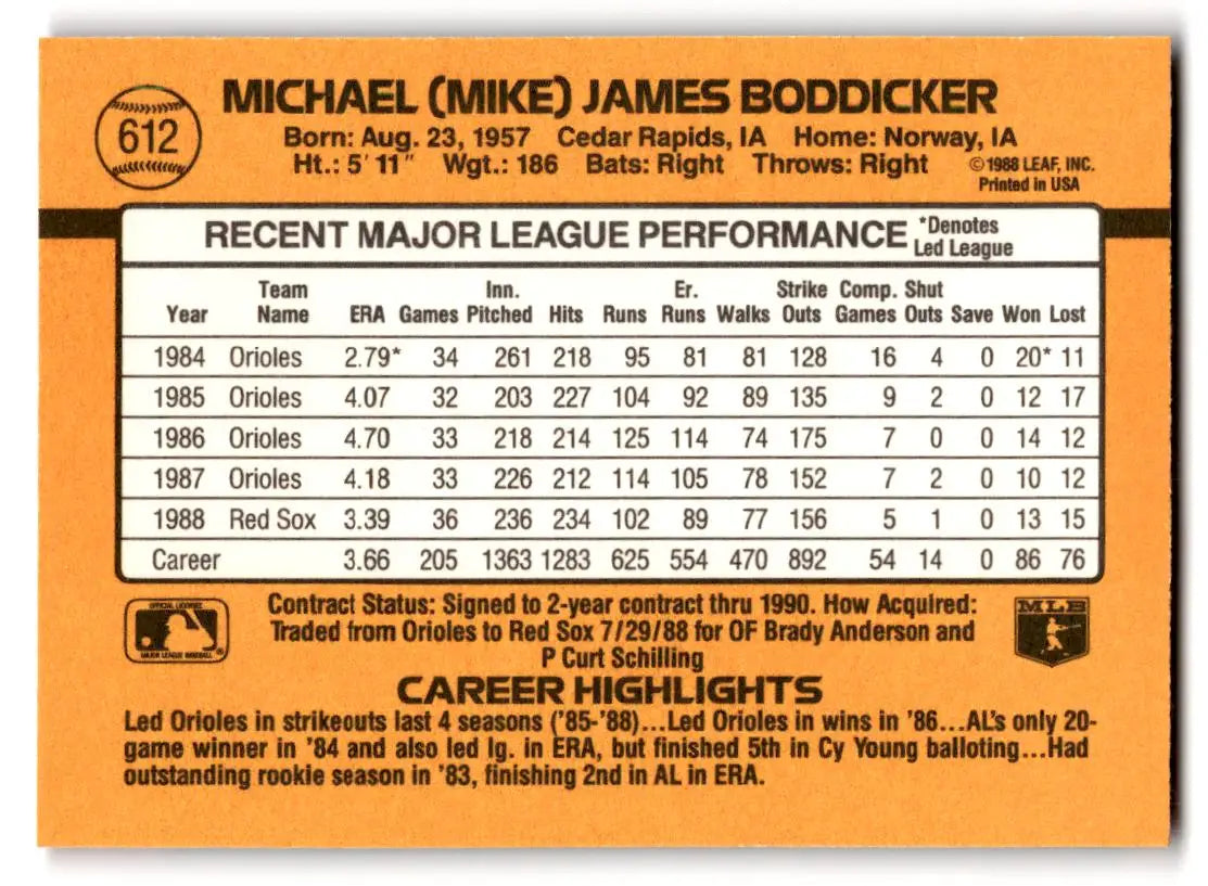 1989 Donruss #612a Mike Boddicker - Baseball Card Single