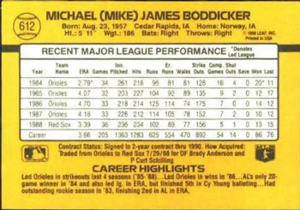 1989 Donruss #612c Mike Boddicker NM Near Mint Red Sox ID:81469 - Baseball Card Single