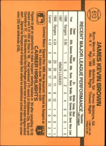 1989 Donruss #613 Kevin Brown NM Near Mint Rangers DP - Baseball Card Single