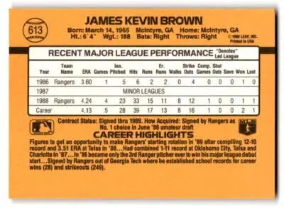 Back of 1989 Donruss Kevin Brown baseball card with player stats and highlights