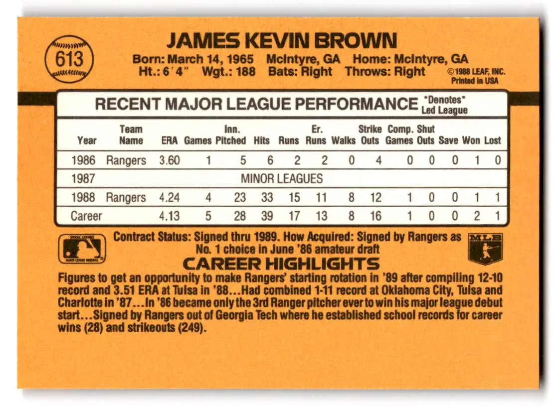 1989 Donruss #613b Kevin Brown - Baseball Card Single
