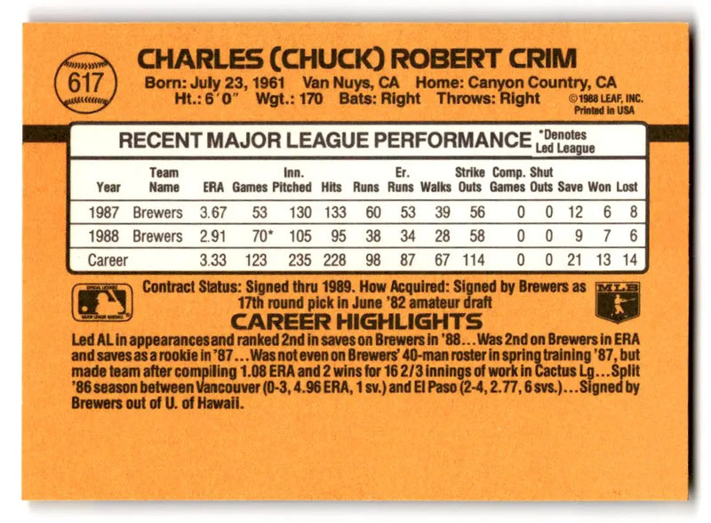 1989 Donruss #617a Chuck Crim - Baseball Card Single