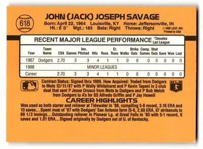 Baseball card back of 1989 Donruss #618 Jack Savage from trading cards collection