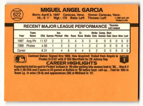 Back of 1989 Donruss Miguel Garcia Pittsburgh Pirates baseball card with stats and highlights