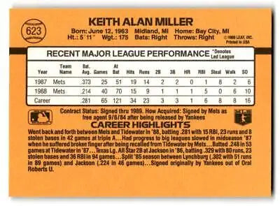 Keith Miller baseball card back from 1989 Donruss #623 trading cards collection