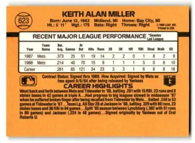 1989 Donruss Keith Miller baseball card featuring Keith Miller and Miller baseball card design