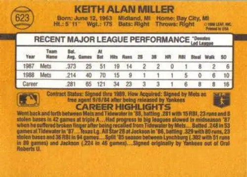 1989 Donruss #623a Keith Miller DP NM Near Mint Mets ID:81470 - Baseball Card Single