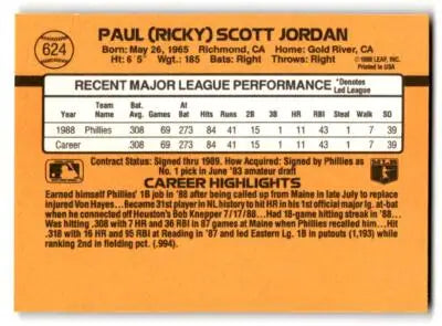 Back of 1989 Donruss Ricky Jordan baseball card featuring Philadelphia Phillies player