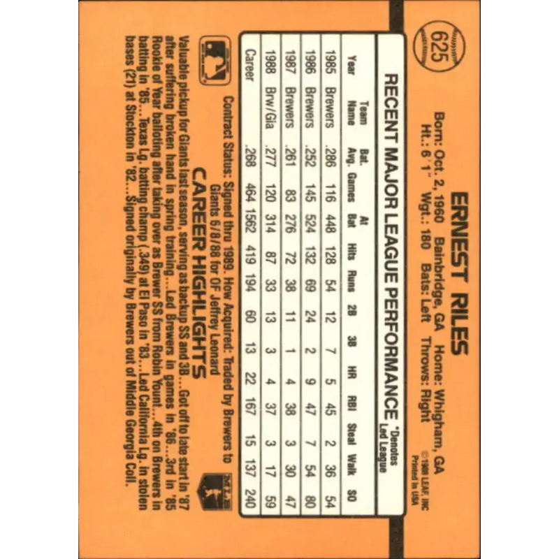 1989 Donruss #625 Ernest Riles DP NM-MT San Francisco Giants Baseball Card - Baseball Card Single