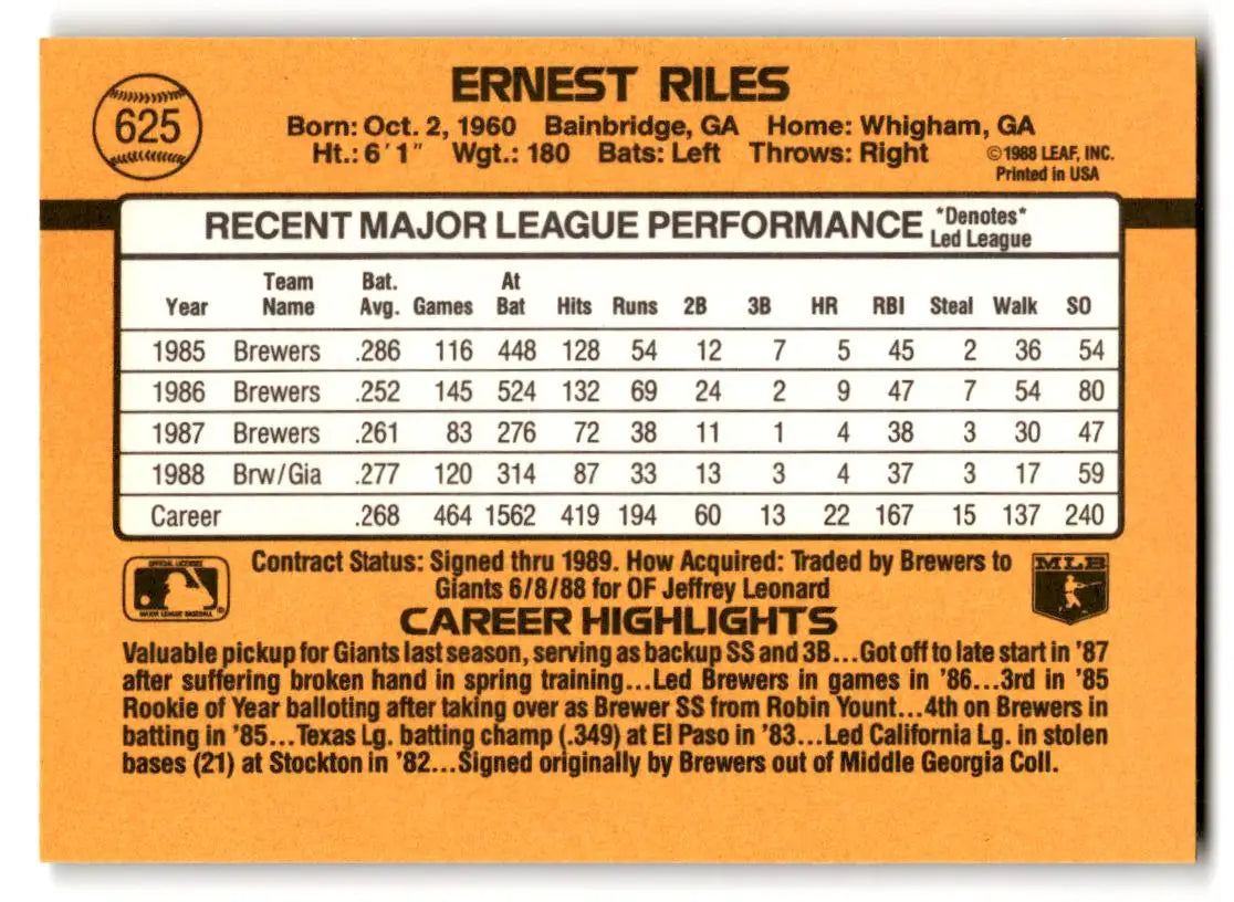 1989 Donruss #625b Ernest Riles - Baseball Card Single