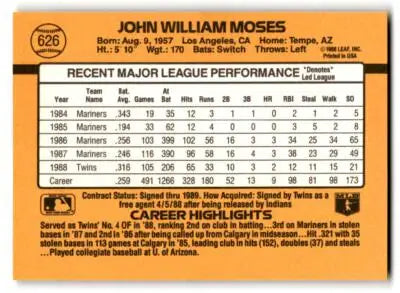 Vintage baseball card featuring John Moses 1989 Donruss 626b with player stats